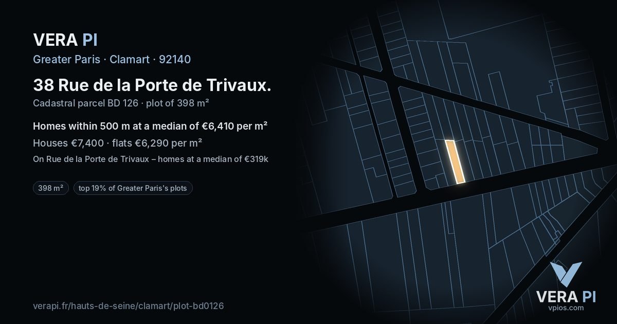 38 Rue de la Porte de Trivaux, Clamart at night – the plot lit, the parcels around coloured by the prices near them