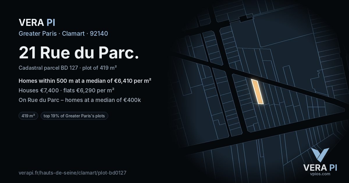 21 Rue du Parc, Clamart at night – the plot lit, the parcels around coloured by the prices near them