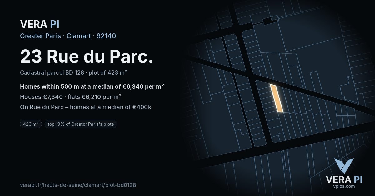 23 Rue du Parc, Clamart at night – the plot lit, the parcels around coloured by the prices near them