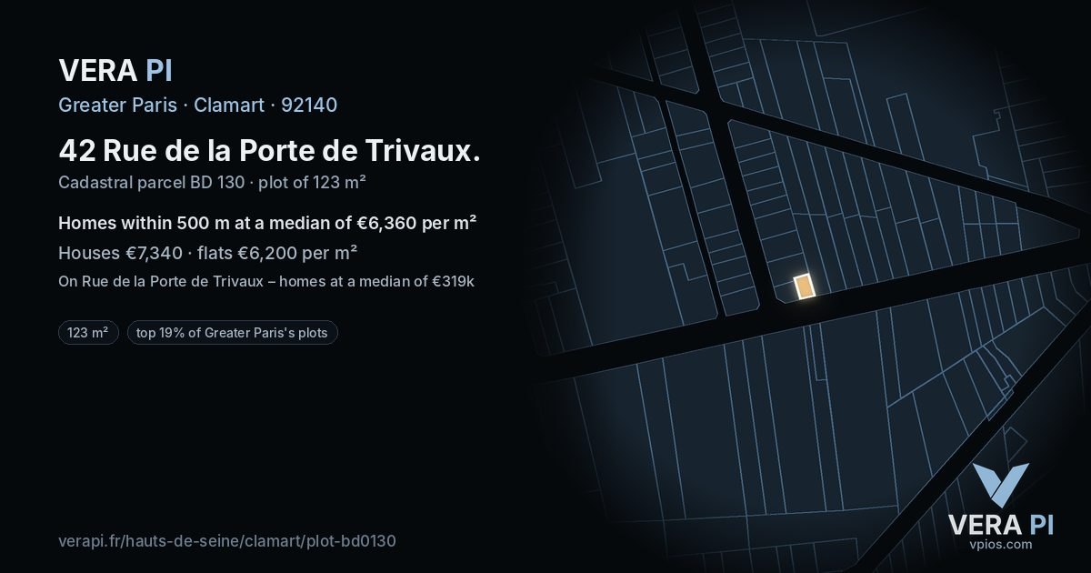 42 Rue de la Porte de Trivaux, Clamart at night – the plot lit, the parcels around coloured by the prices near them