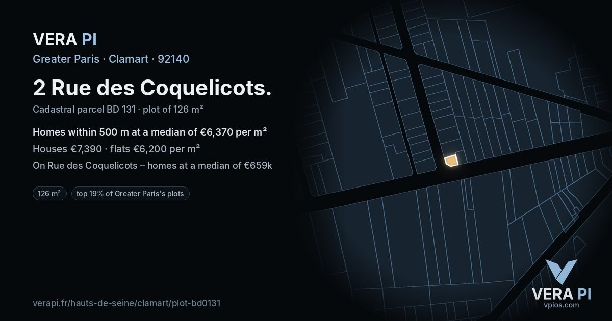 2 Rue des Coquelicots, Clamart at night – the plot lit, the parcels around coloured by the prices near them