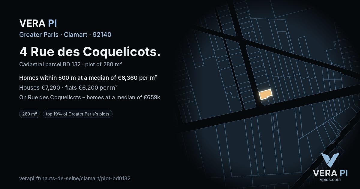 4 Rue des Coquelicots, Clamart at night – the plot lit, the parcels around coloured by the prices near them