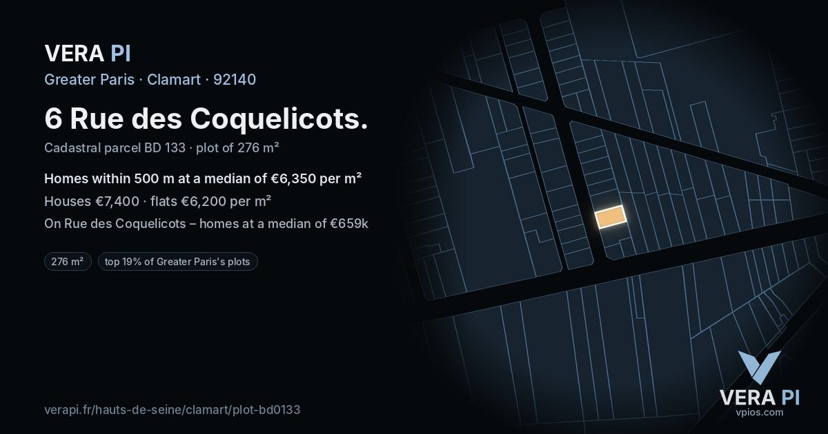 6 Rue des Coquelicots, Clamart at night – the plot lit, the parcels around coloured by the prices near them