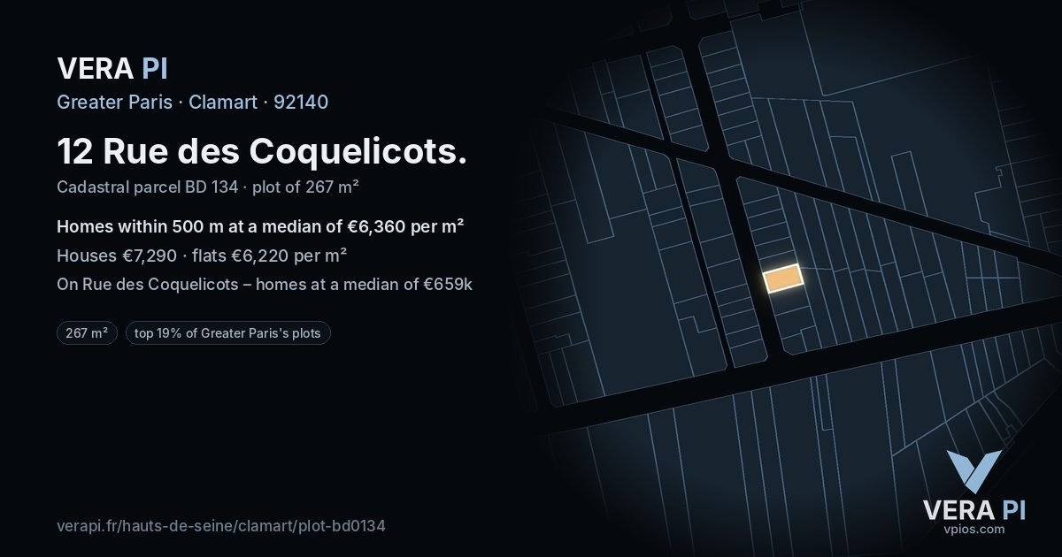 12 Rue des Coquelicots, Clamart at night – the plot lit, the parcels around coloured by the prices near them