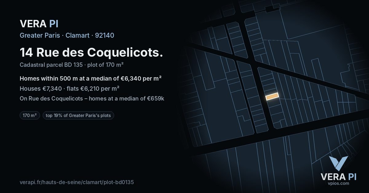 14 Rue des Coquelicots, Clamart at night – the plot lit, the parcels around coloured by the prices near them