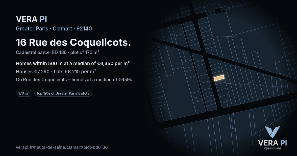 16 Rue des Coquelicots, Clamart at night – the plot lit, the parcels around coloured by the prices near them