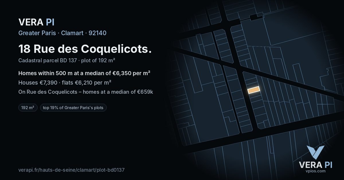 18 Rue des Coquelicots, Clamart at night – the plot lit, the parcels around coloured by the prices near them