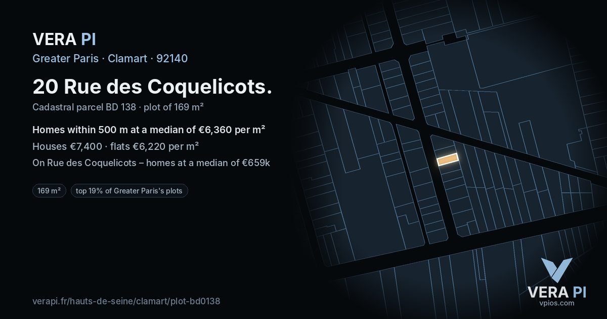 20 Rue des Coquelicots, Clamart at night – the plot lit, the parcels around coloured by the prices near them