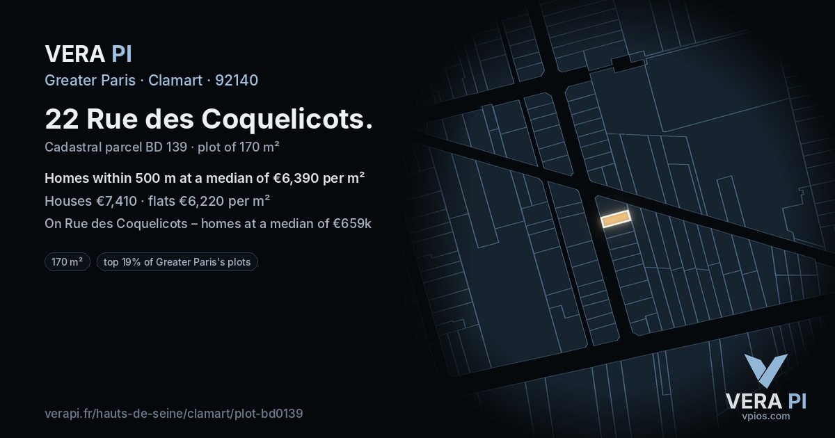 22 Rue des Coquelicots, Clamart at night – the plot lit, the parcels around coloured by the prices near them