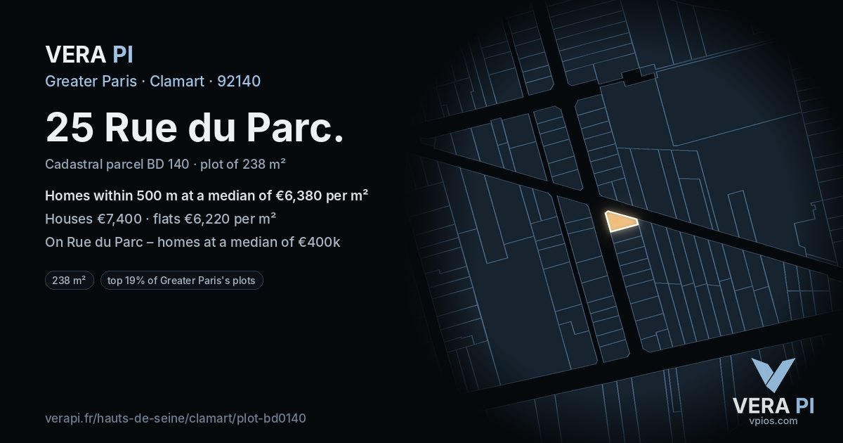 25 Rue du Parc, Clamart at night – the plot lit, the parcels around coloured by the prices near them