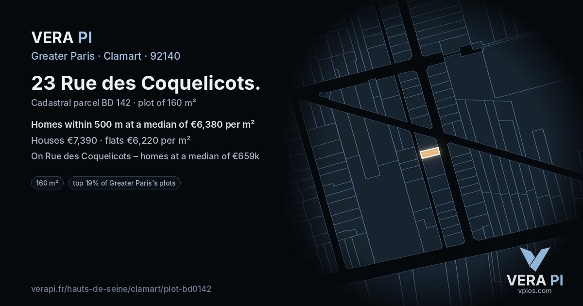 23 Rue des Coquelicots, Clamart at night – the plot lit, the parcels around coloured by the prices near them