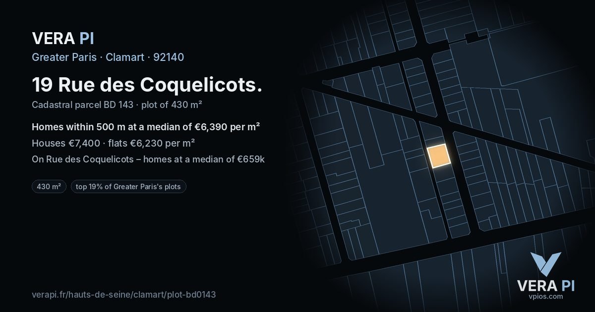 19 Rue des Coquelicots, Clamart at night – the plot lit, the parcels around coloured by the prices near them