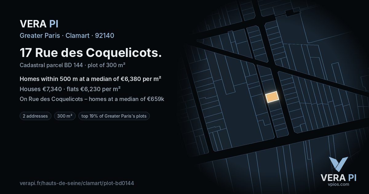 17 Rue des Coquelicots, Clamart at night – the plot lit, the parcels around coloured by the prices near them