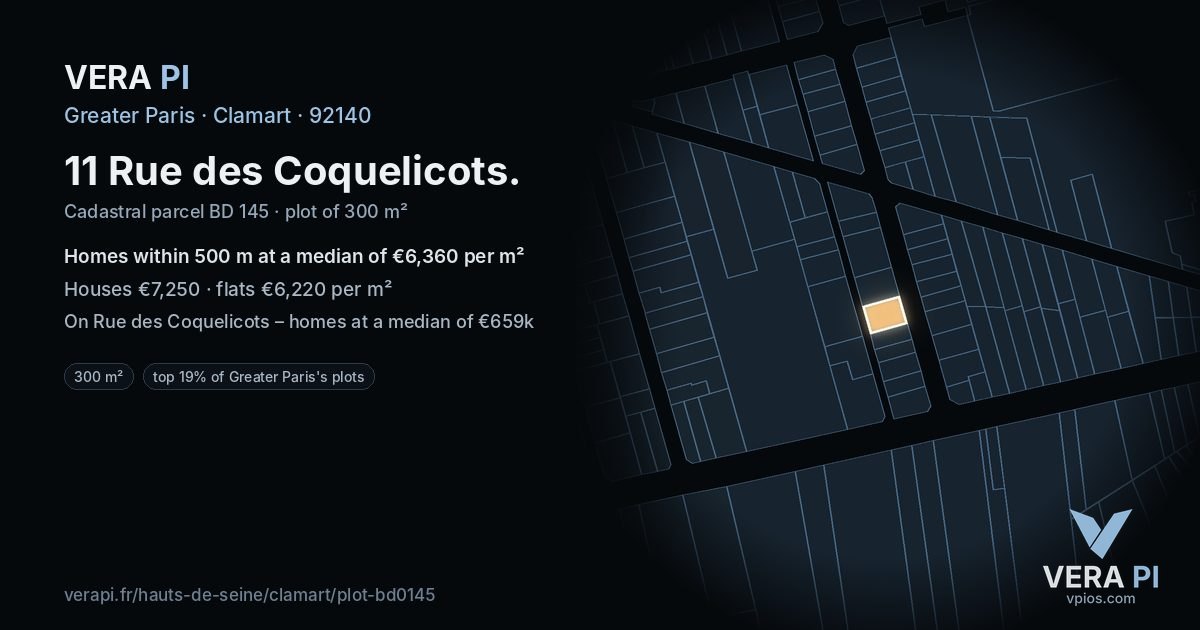 11 Rue des Coquelicots, Clamart at night – the plot lit, the parcels around coloured by the prices near them
