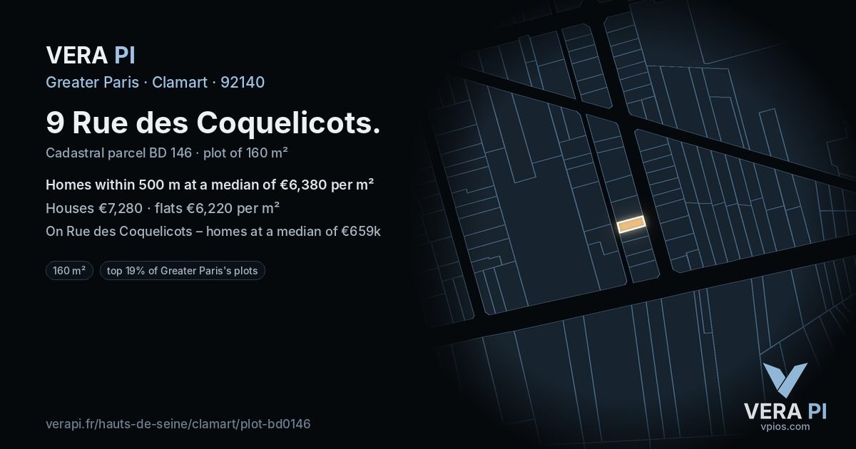 9 Rue des Coquelicots, Clamart at night – the plot lit, the parcels around coloured by the prices near them