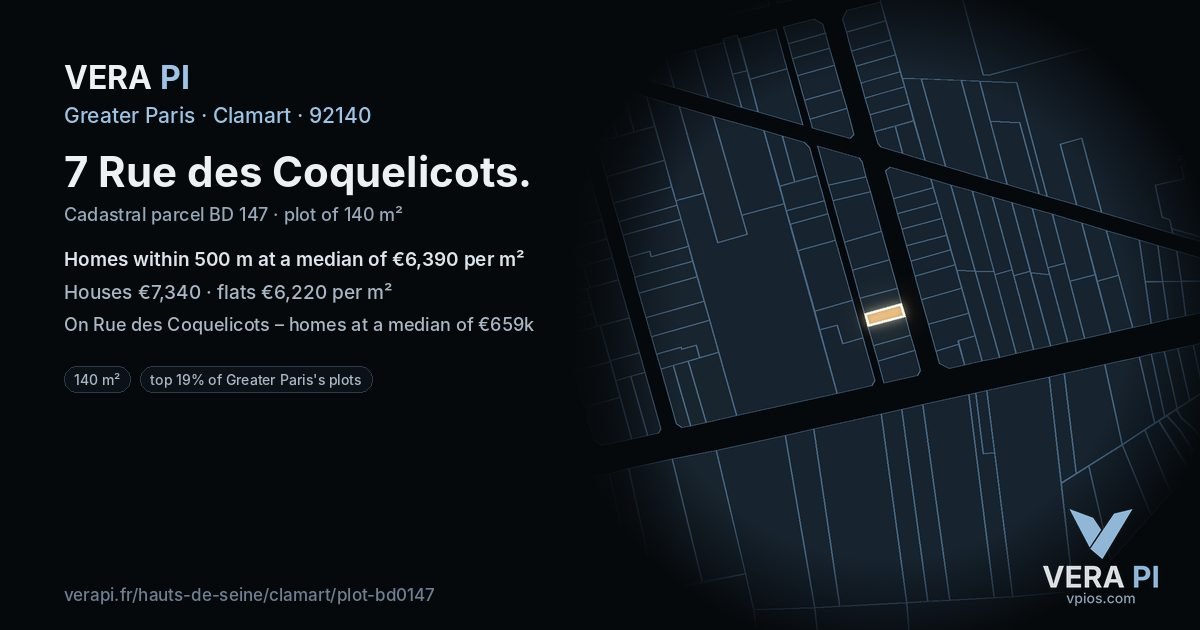 7 Rue des Coquelicots, Clamart at night – the plot lit, the parcels around coloured by the prices near them