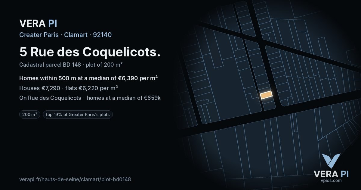 5 Rue des Coquelicots, Clamart at night – the plot lit, the parcels around coloured by the prices near them