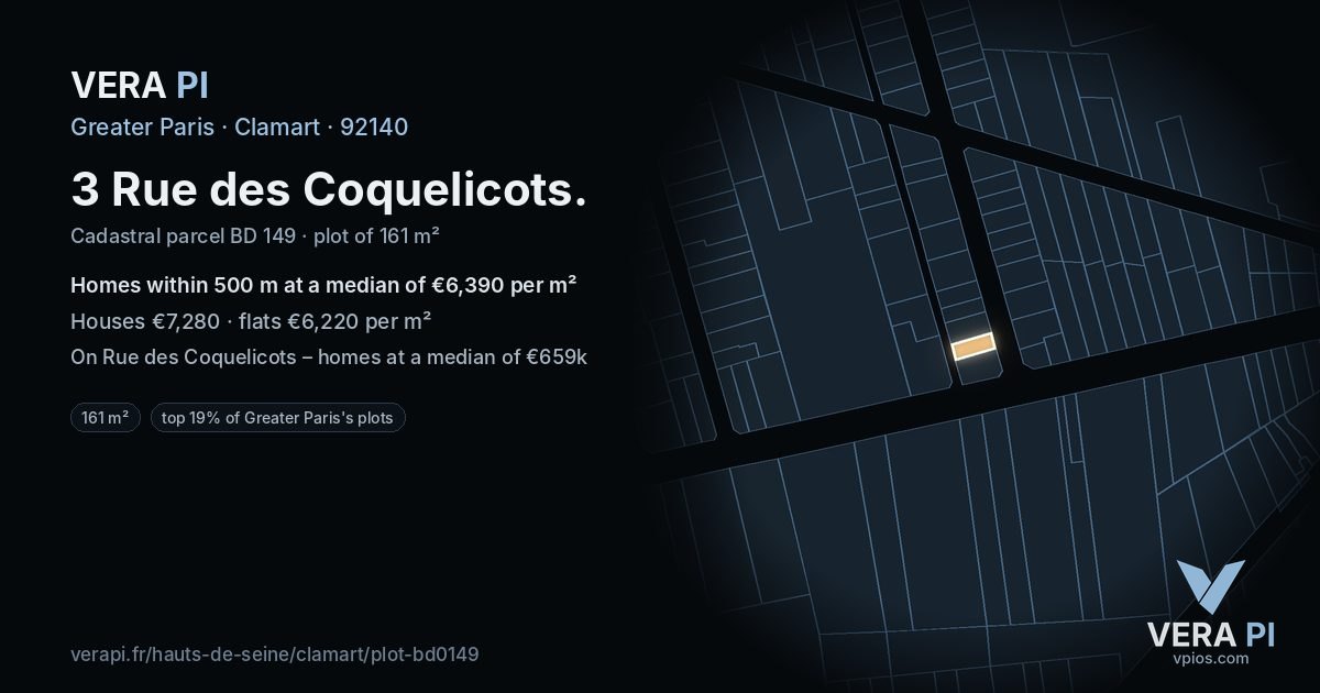 3 Rue des Coquelicots, Clamart at night – the plot lit, the parcels around coloured by the prices near them