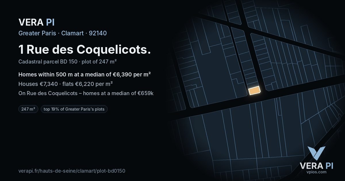 1 Rue des Coquelicots, Clamart at night – the plot lit, the parcels around coloured by the prices near them