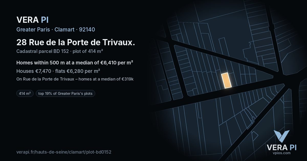 28 Rue de la Porte de Trivaux, Clamart at night – the plot lit, the parcels around coloured by the prices near them