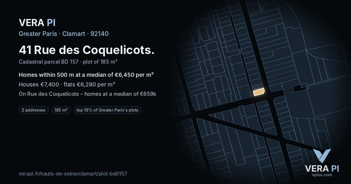 41 Rue des Coquelicots, Clamart at night – the plot lit, the parcels around coloured by the prices near them