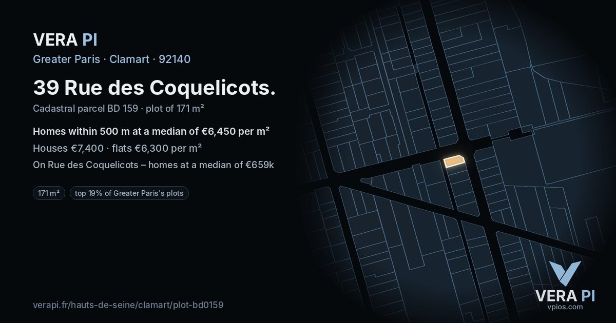 39 Rue des Coquelicots, Clamart at night – the plot lit, the parcels around coloured by the prices near them