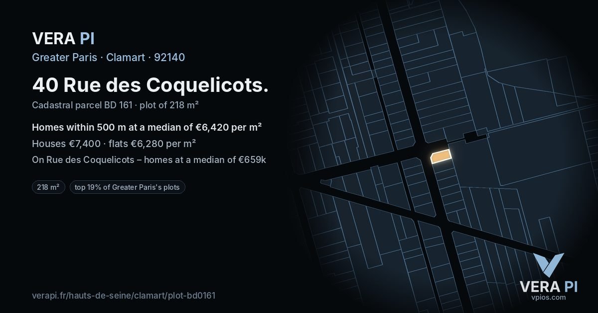 40 Rue des Coquelicots, Clamart at night – the plot lit, the parcels around coloured by the prices near them
