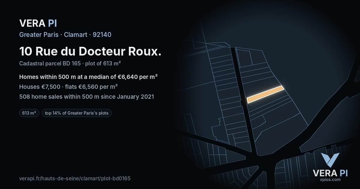 10 Rue du Docteur Roux, Clamart at night – the plot lit, the parcels around coloured by the prices near them