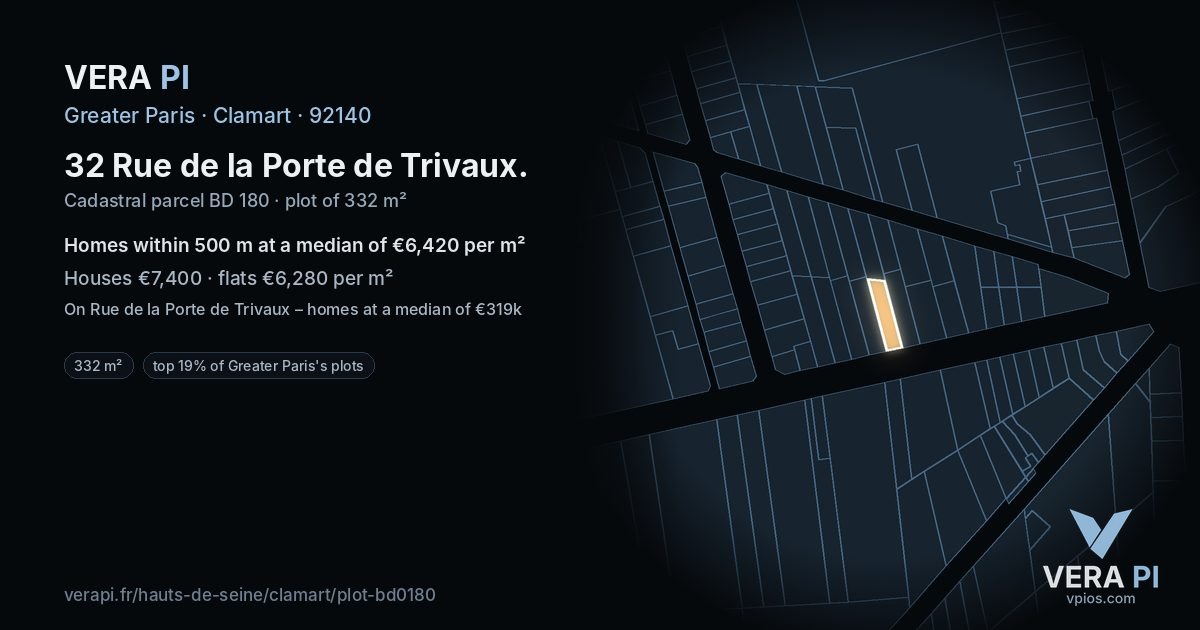 32 Rue de la Porte de Trivaux, Clamart at night – the plot lit, the parcels around coloured by the prices near them
