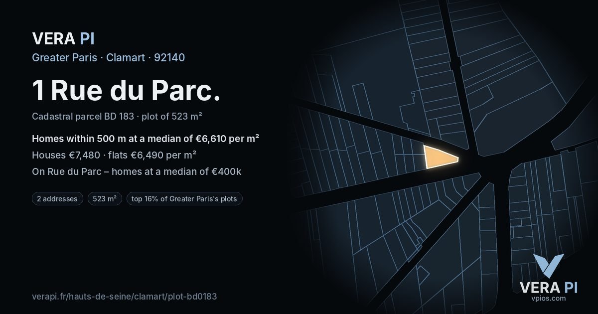 1 Rue du Parc, Clamart at night – the plot lit, the parcels around coloured by the prices near them