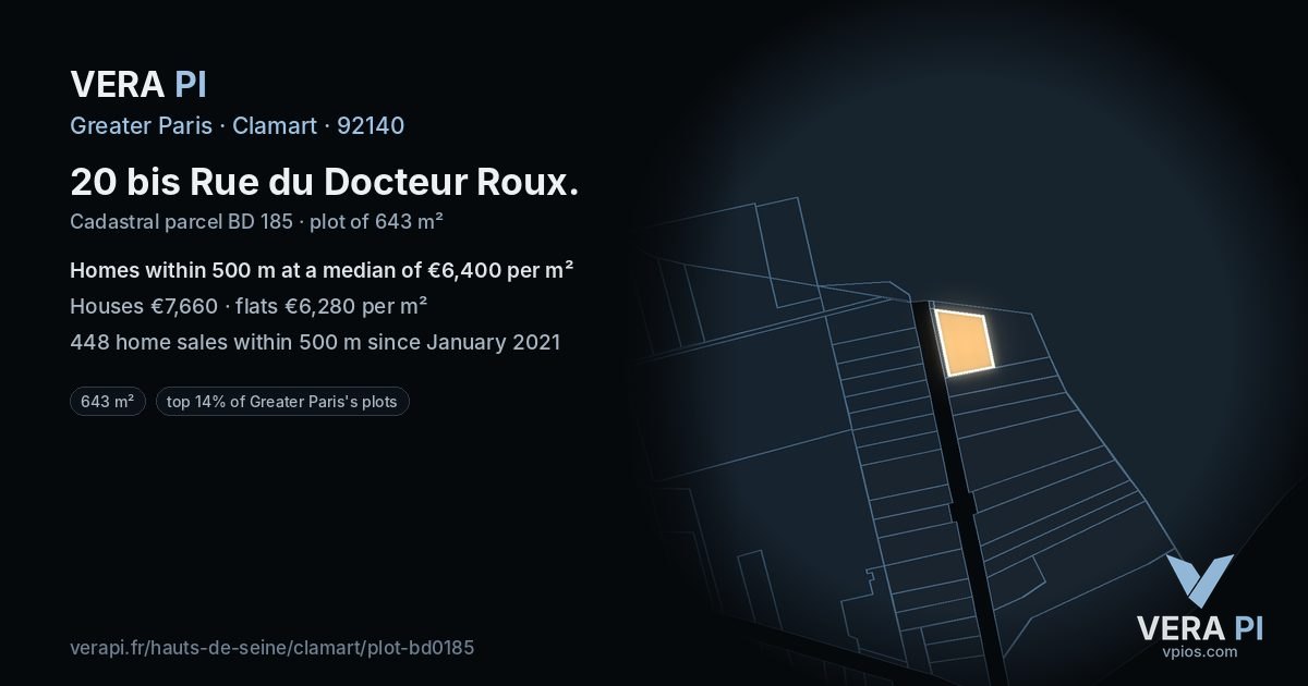20 bis Rue du Docteur Roux, Clamart at night – the plot lit, the parcels around coloured by the prices near them