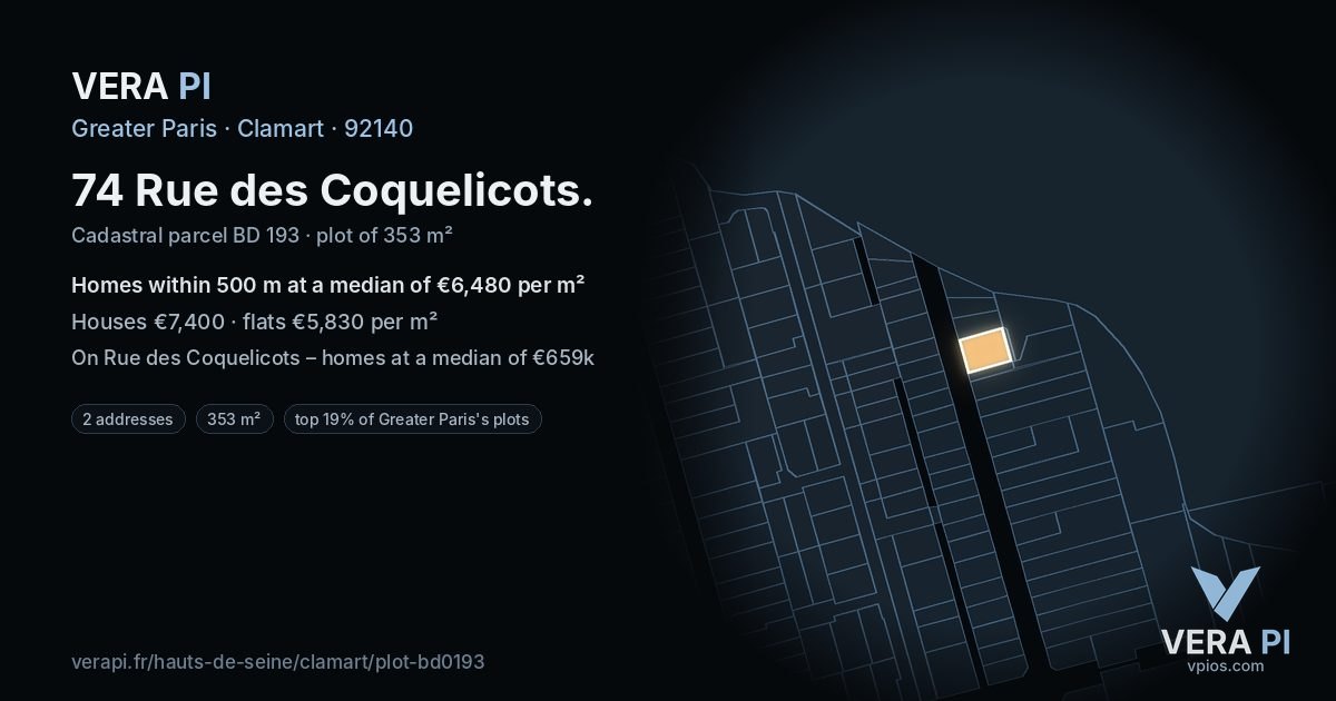 74 Rue des Coquelicots, Clamart at night – the plot lit, the parcels around coloured by the prices near them