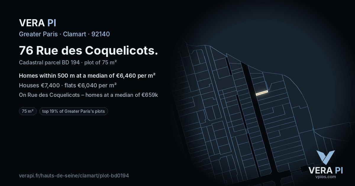 76 Rue des Coquelicots, Clamart at night – the plot lit, the parcels around coloured by the prices near them
