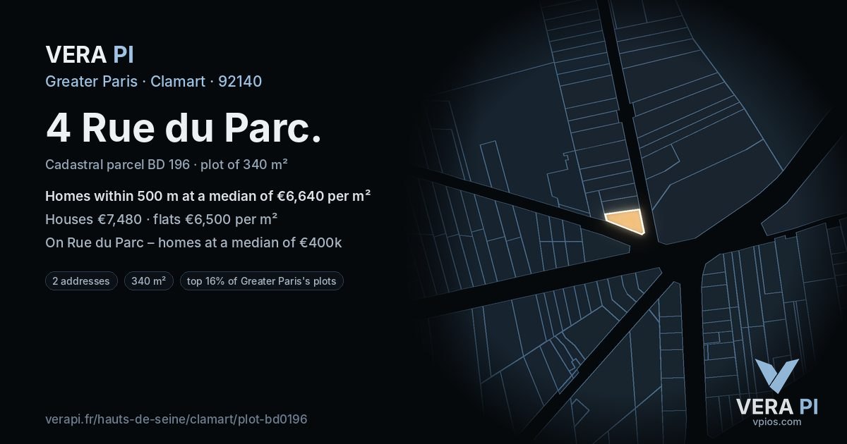 4 Rue du Parc, Clamart at night – the plot lit, the parcels around coloured by the prices near them