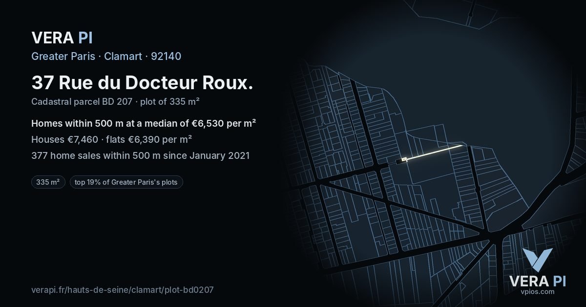 37 Rue du Docteur Roux, Clamart at night – the plot lit, the parcels around coloured by the prices near them