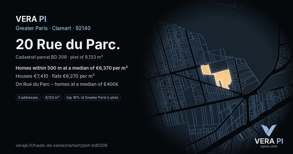 20 Rue du Parc, Clamart at night – the plot lit, the parcels around coloured by the prices near them