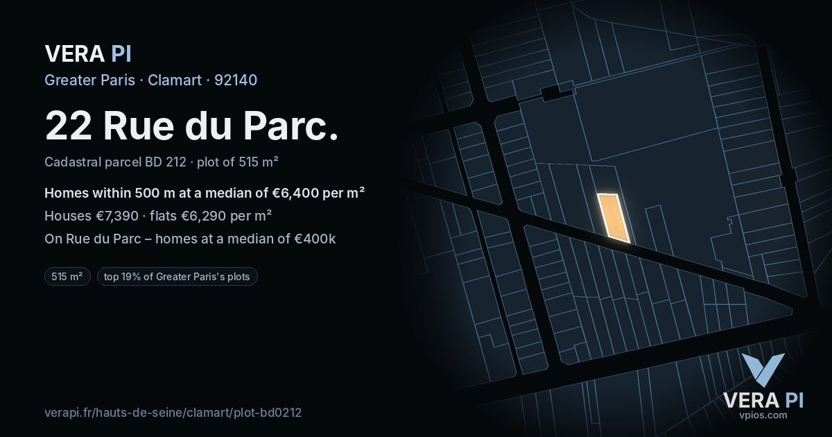22 Rue du Parc, Clamart at night – the plot lit, the parcels around coloured by the prices near them