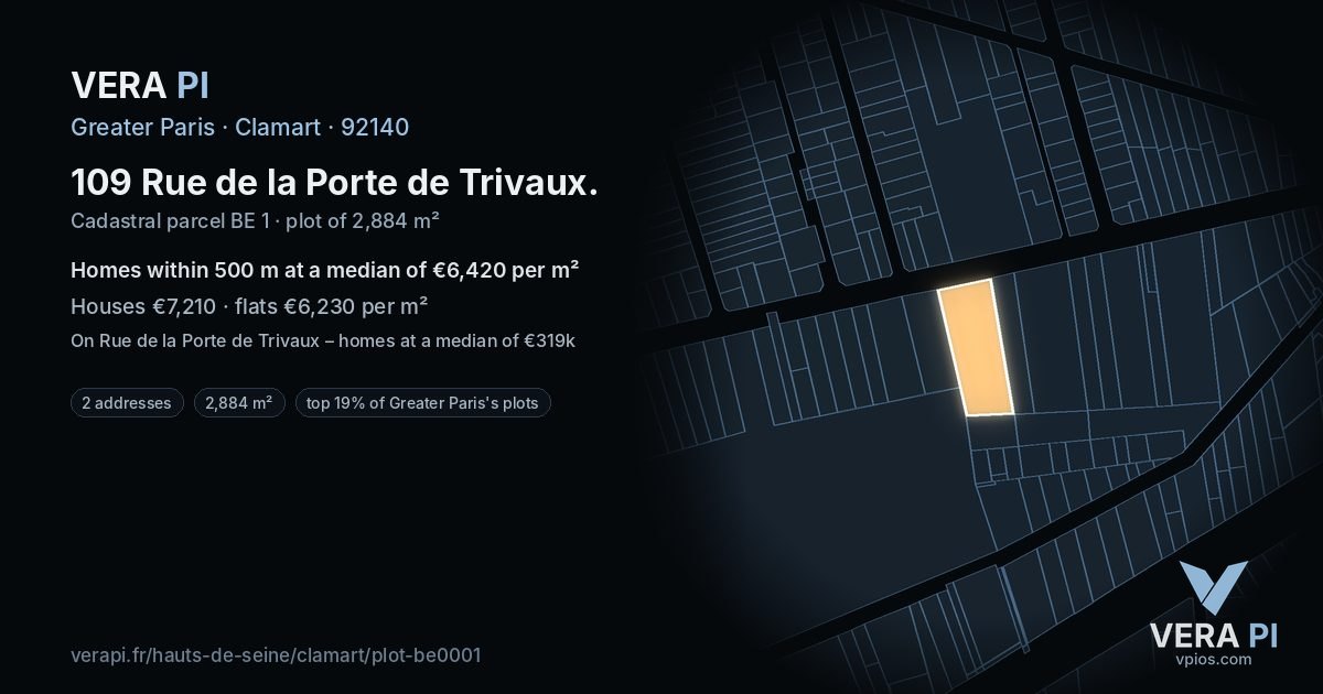 109 Rue de la Porte de Trivaux, Clamart at night – the plot lit, the parcels around coloured by the prices near them
