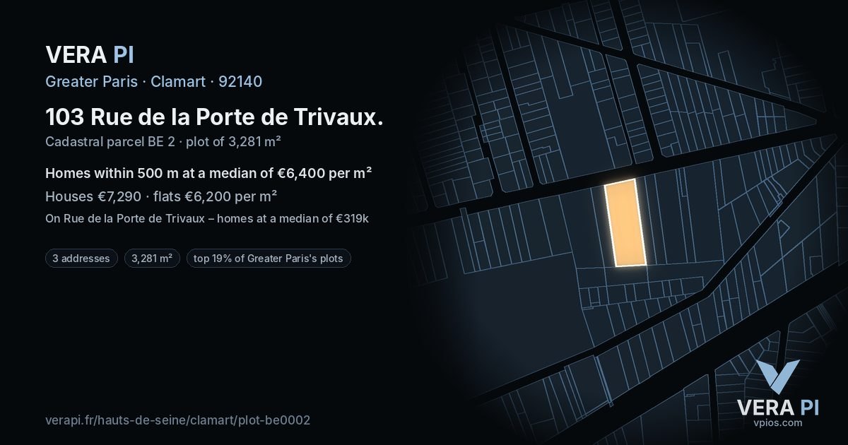 103 Rue de la Porte de Trivaux, Clamart at night – the plot lit, the parcels around coloured by the prices near them