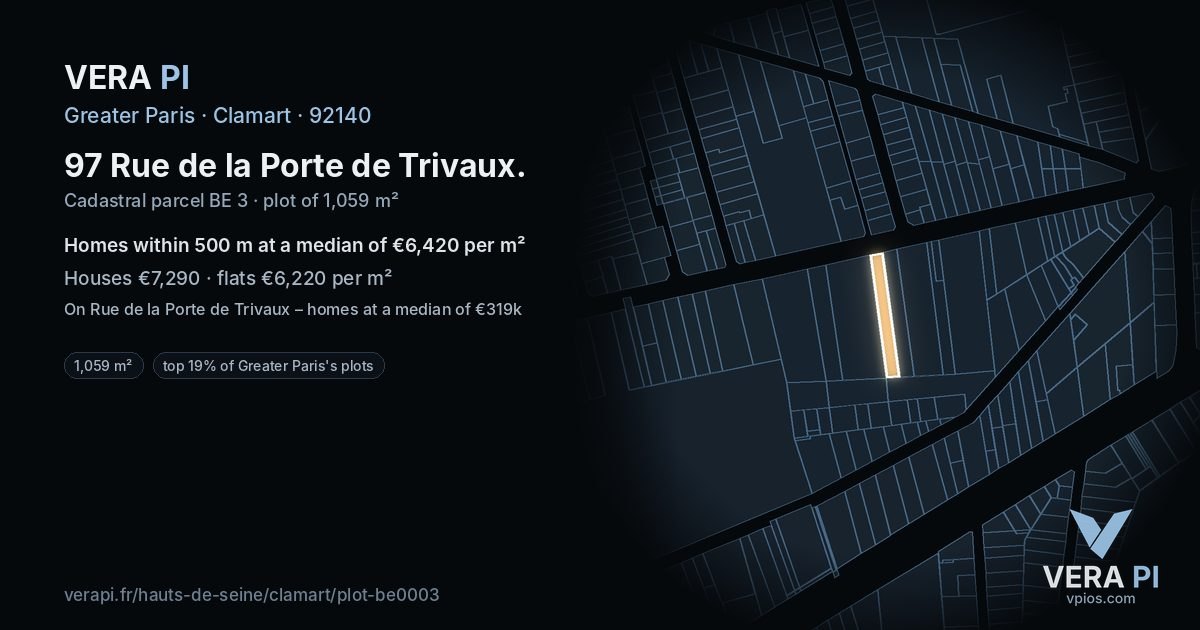 97 Rue de la Porte de Trivaux, Clamart at night – the plot lit, the parcels around coloured by the prices near them