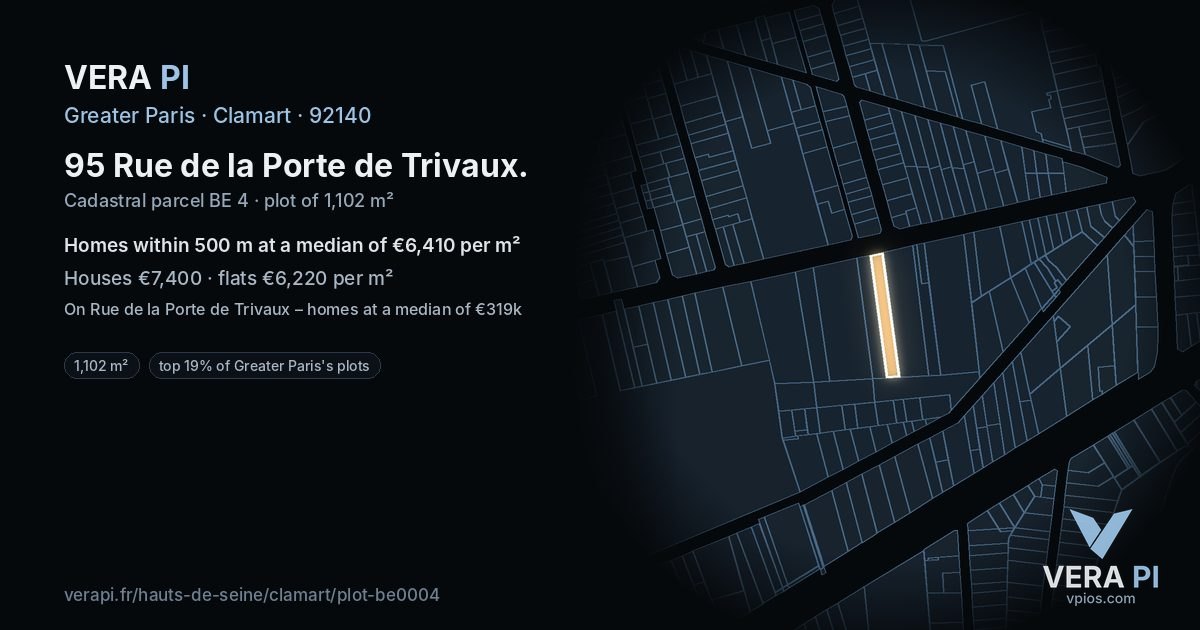 95 Rue de la Porte de Trivaux, Clamart at night – the plot lit, the parcels around coloured by the prices near them