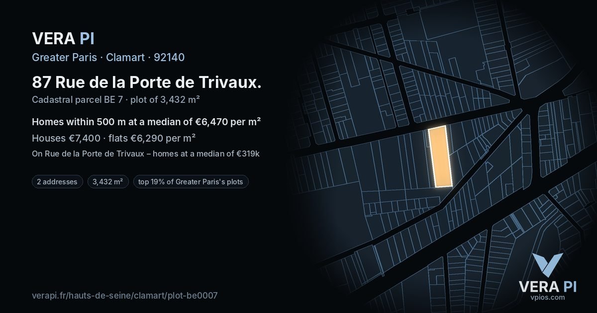 87 Rue de la Porte de Trivaux, Clamart at night – the plot lit, the parcels around coloured by the prices near them