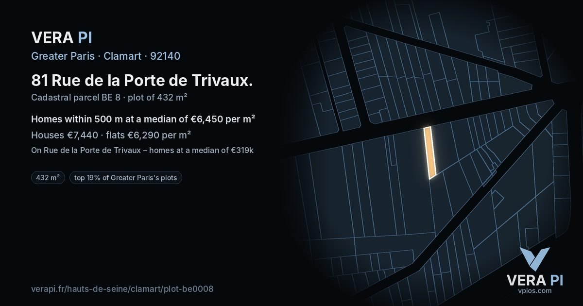 81 Rue de la Porte de Trivaux, Clamart at night – the plot lit, the parcels around coloured by the prices near them