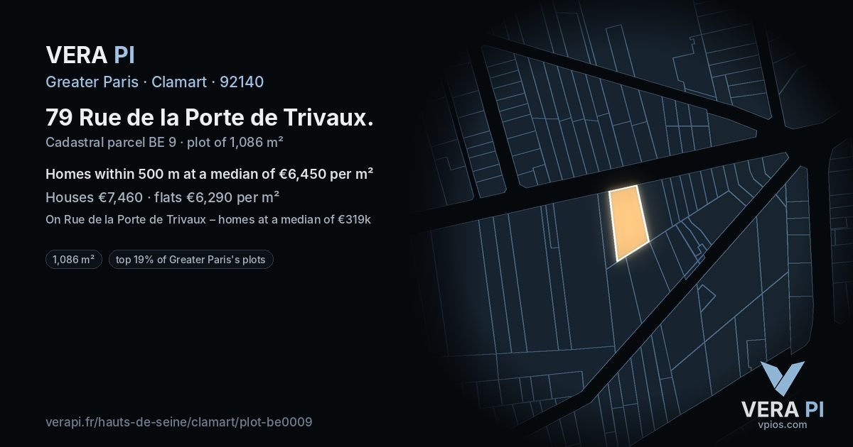 79 Rue de la Porte de Trivaux, Clamart at night – the plot lit, the parcels around coloured by the prices near them