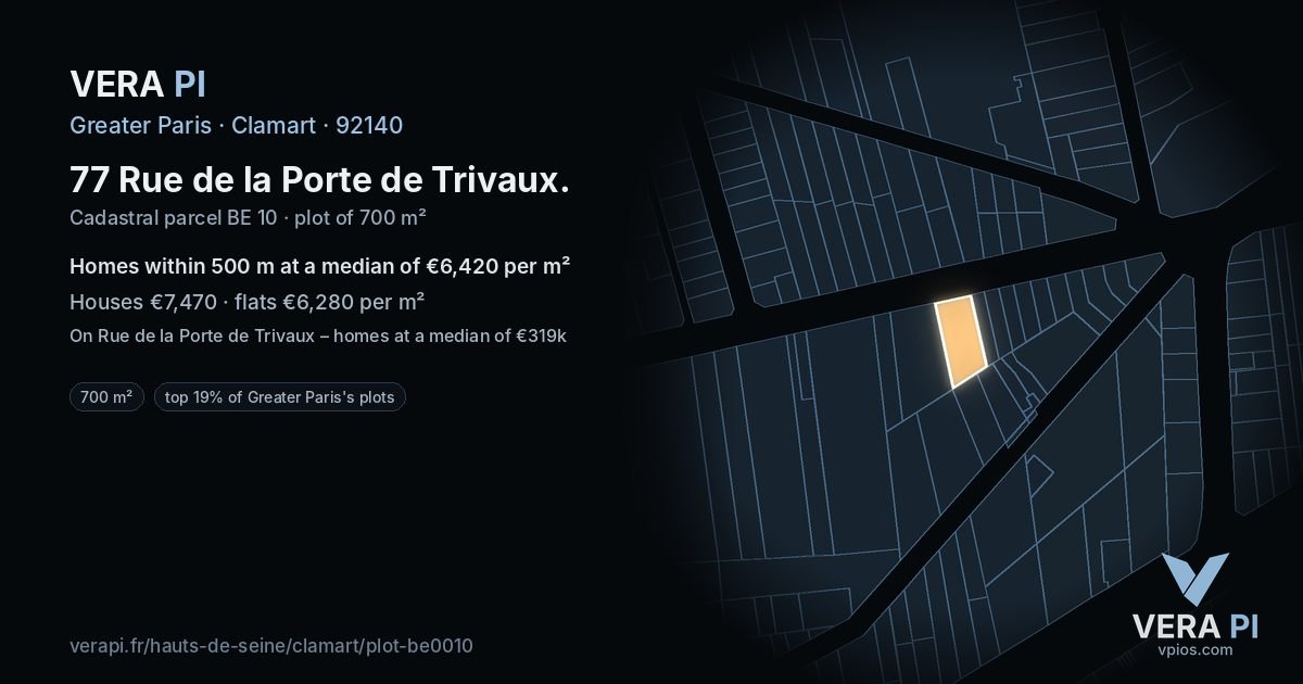 77 Rue de la Porte de Trivaux, Clamart at night – the plot lit, the parcels around coloured by the prices near them