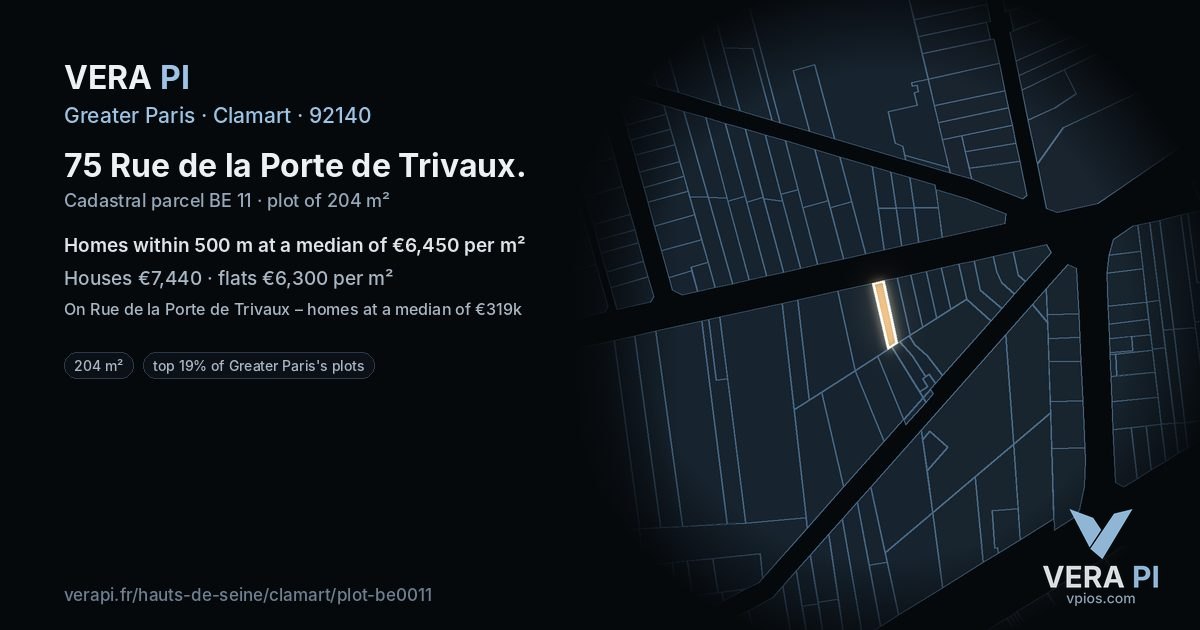 75 Rue de la Porte de Trivaux, Clamart at night – the plot lit, the parcels around coloured by the prices near them