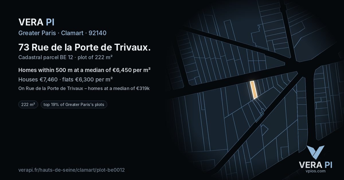 73 Rue de la Porte de Trivaux, Clamart at night – the plot lit, the parcels around coloured by the prices near them