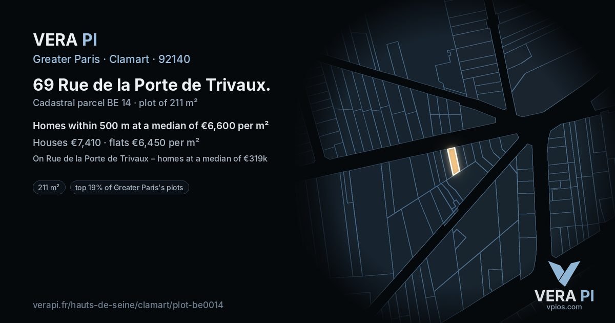 69 Rue de la Porte de Trivaux, Clamart at night – the plot lit, the parcels around coloured by the prices near them
