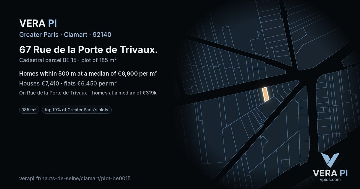 67 Rue de la Porte de Trivaux, Clamart at night – the plot lit, the parcels around coloured by the prices near them