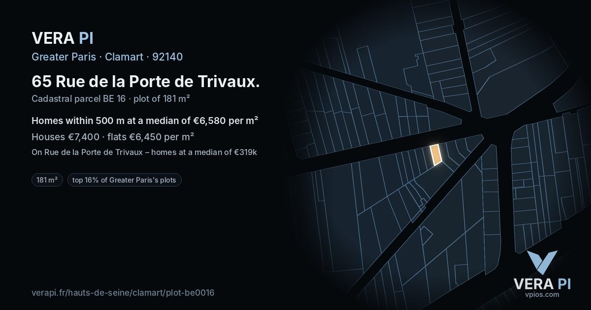 65 Rue de la Porte de Trivaux, Clamart at night – the plot lit, the parcels around coloured by the prices near them
